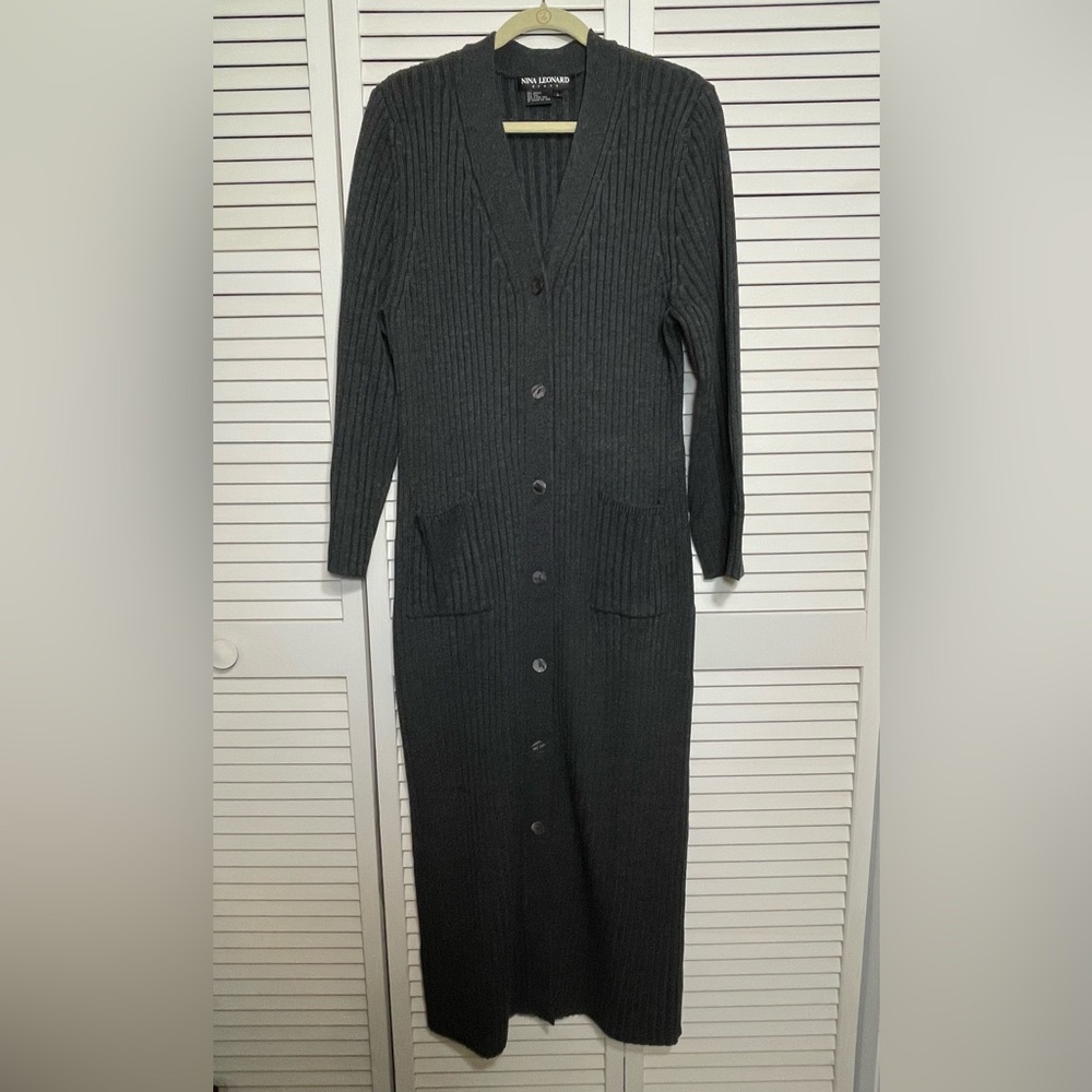 Nina Leonard Sweater Dress Y2K Button Down V-Neck Charcoal Gray Rib Knit Size L